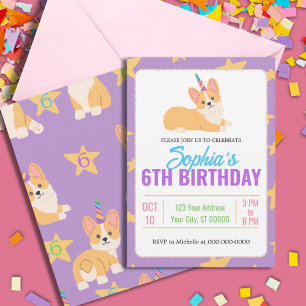 Convites Unicorn Girl Birthday, Partido Corgi