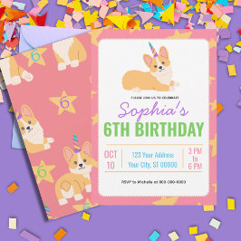 Convites Unicorn Girl Birthday, Partido Corgi