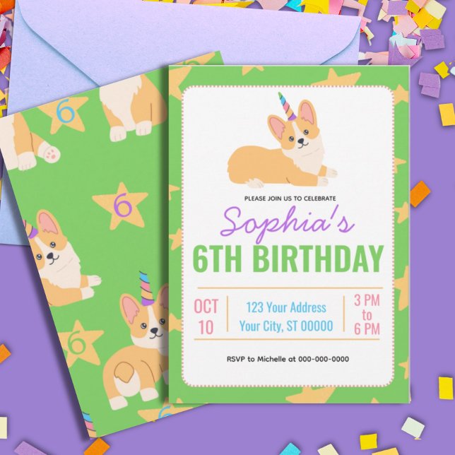 Convites Unicorn Girl Birthday, Partido Corgi (Criador carregado)