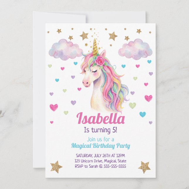 Convites Unicorn Glitter Girls Birthday (Frente)