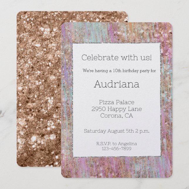 Convites Unicorn Glitzy Rosa Dourada Glitter Sparkle Birthd (Frente/Verso)