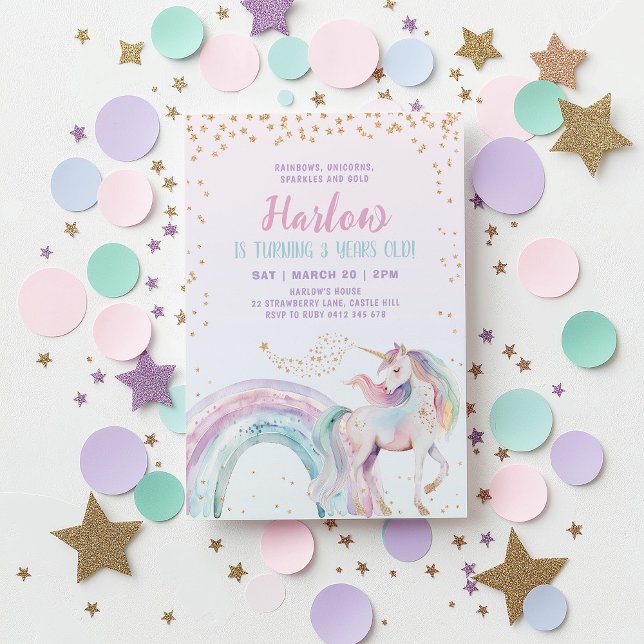 Convites Unicorn Kids Pastel Rainbow Aniversário (Pastel Rainbow Unicorn Kid's Birthday Invitation in pink, purple, gold tones)