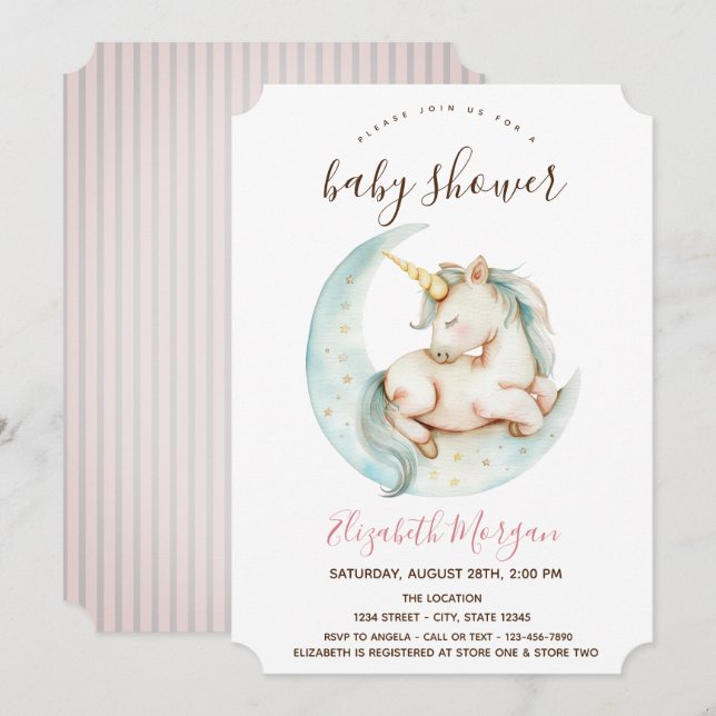 Convites Unicorn Lua Listras Rosa Baby Shower   (Frente/Verso)