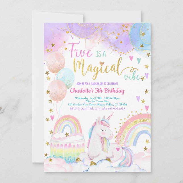 Convites Unicorn Magical 5th Birthday Party Pastel Rainbow (Frente)