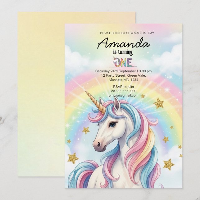 Convites Unicorn Magical Birthday Party Invitation Card (Frente/Verso)