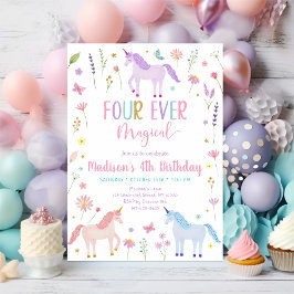 Convites Unicorn Meadow Flower Quatro Anos de Aniversário M