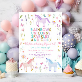 Convites Unicorn Meadow Pastel Pink Gold Flowers Birthday