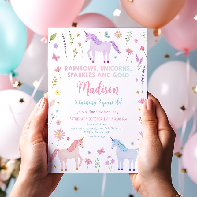 Convites Unicorn Meadow Rainbow Sparkles Aniversário (Criador carregado)