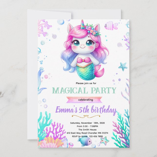 Convites Unicorn mermaid themed invite (Frente)