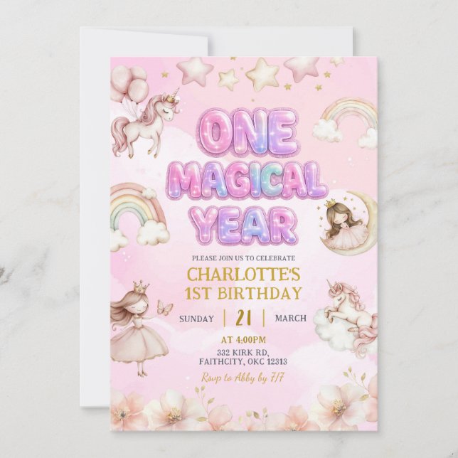 Convites Unicorn One Magical year First Birthday (Frente)
