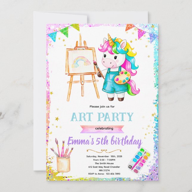Convites Unicorn paint birthday party invitation (Frente)