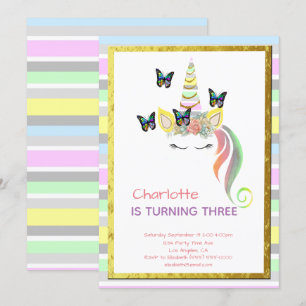 Convites Unicorn Pastel Rainbow Butterflies Dourado Anivers