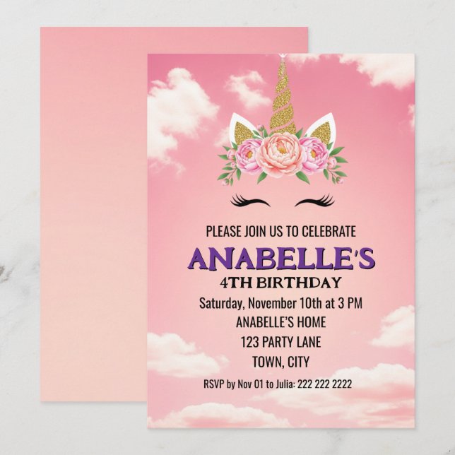 Convites Unicorn Personalized Magical Birthday Invitation   (Frente/Verso)