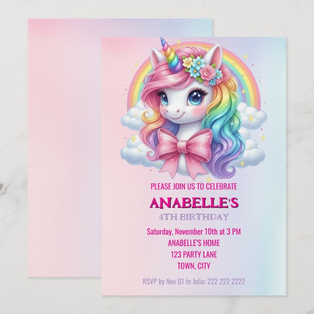 Convites Unicorn Personalized Magical Birthday Invitation   (Frente/Verso)