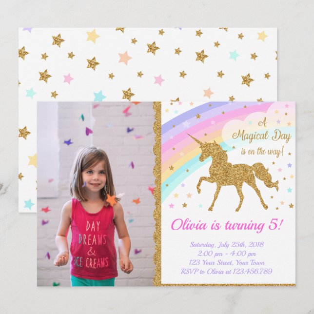 Convites Unicorn Photo Invitation, Unicorn Party (Frente/Verso)