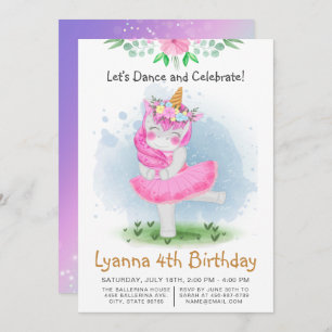 Convites Unicorn Pink Ballerina Watercolor Aniversário Flor