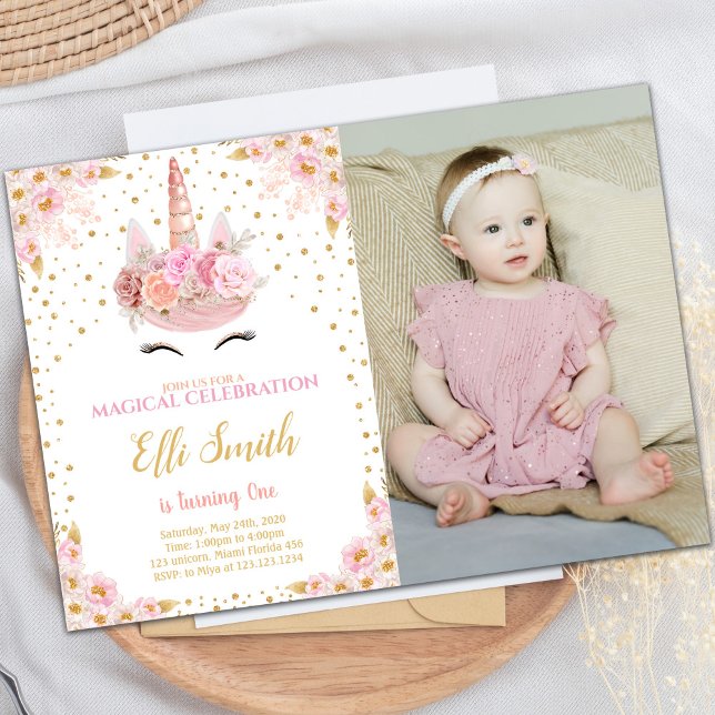 Convites Unicorn Pink Birthday Invances com foto (Unicorn Pink Birthday Invitations with photo)