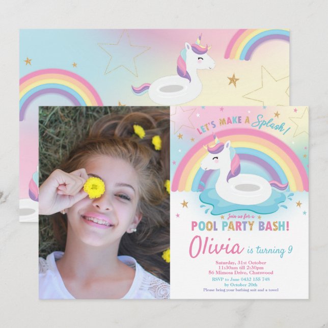 Convites Unicorn Piscina Party Birthday Unicorn Foto Floati (Frente/Verso)