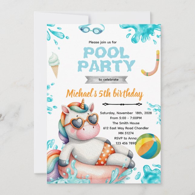 Convites Unicorn Pool Party Birthday Invitation (Frente)
