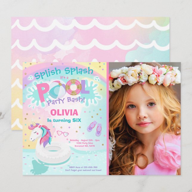 Convites Unicorn Pool Party Invitation Pool Birthday Party (Frente/Verso)