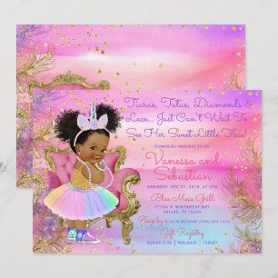 Convites Unicorn Princesa Afro-Americana Glitter