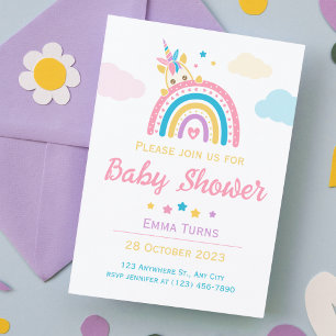 Convites Unicorn Rainbow Baby Shower Girl