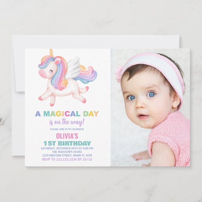 Convites Unicorn Rainbow Birthday Invances com foto (Frente)