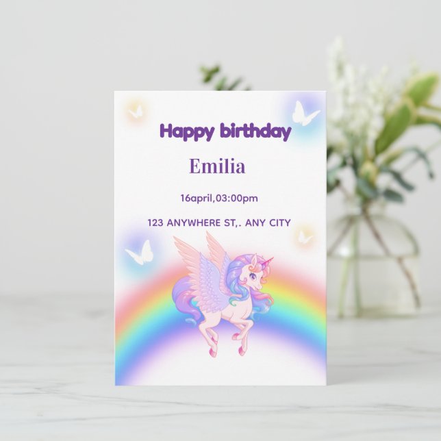 Convites Unicorn Rainbow Birthday Invitation  (Em pé/Frente)