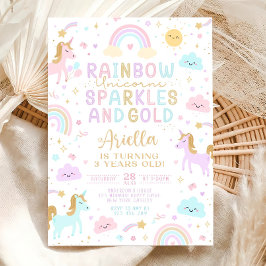 Convites Unicorn Rainbow Birthday Invitation, 3rd Birthday 