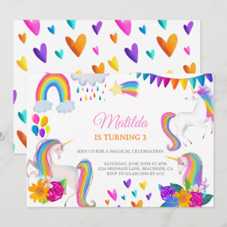 Convites Unicorn Rainbow Colorful Birthday Invitation
