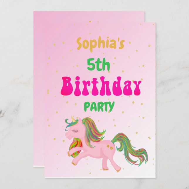 Convites Unicorn Rainbow Dourado Cute Birthday (Frente/Verso)