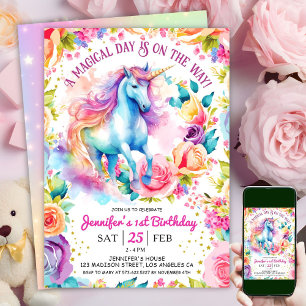 Convites Unicorn Rainbow Floral Bloom PRIMEIRO ANIVERSARI