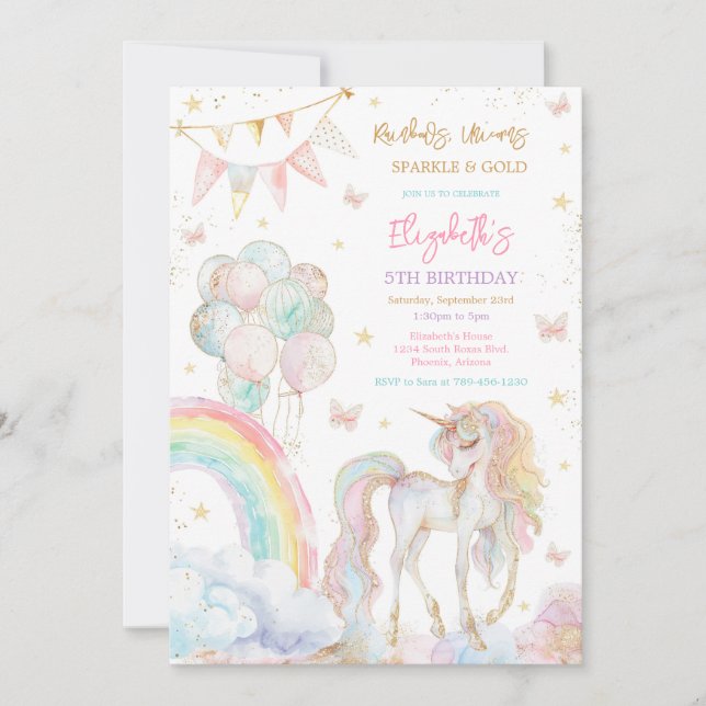 Convites Unicorn Rainbow Gold Birthday Invitation (Frente)
