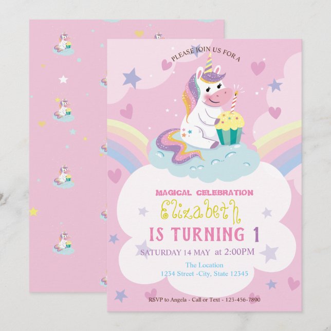 Convites Unicorn Rainbow Hearts Stars Aniversário (Frente/Verso)