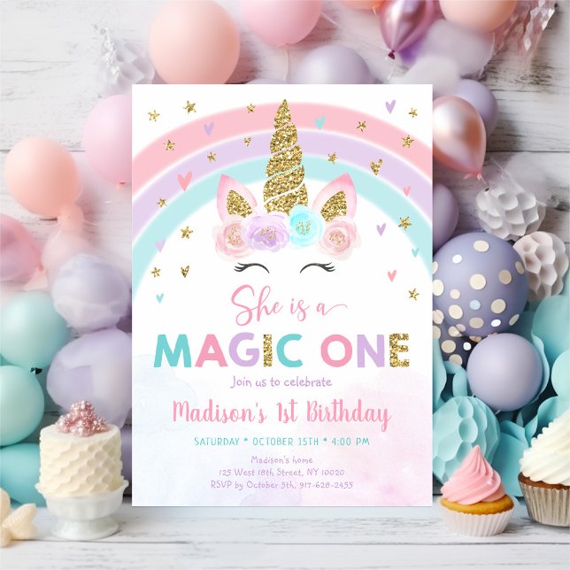 Convites Unicorn Rainbow Magic One First Birday (Criador carregado)