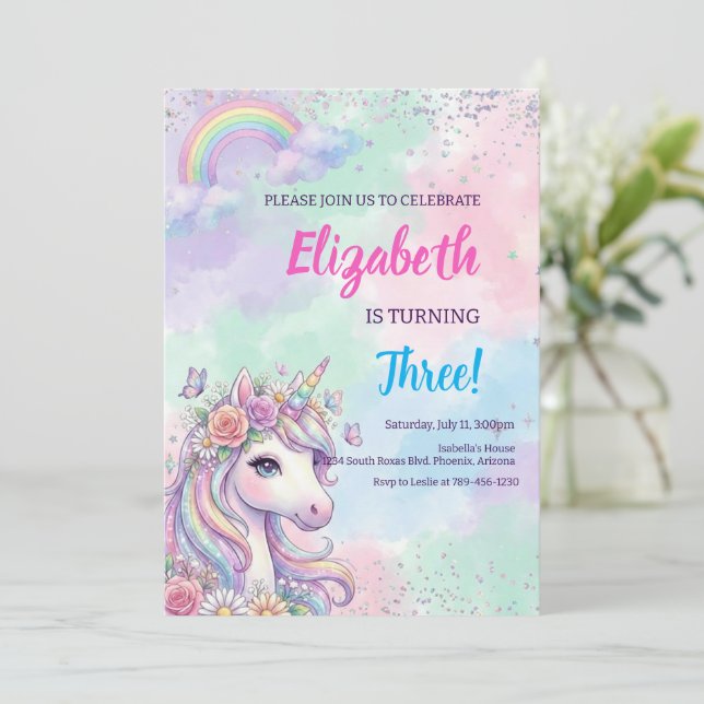 Convites Unicorn Rainbow Magical Birthday (Em pé/Frente)