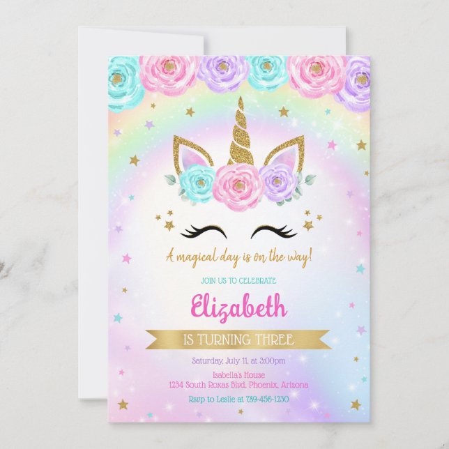 Convites Unicorn Rainbow Magical Birthday Invitation (Frente)