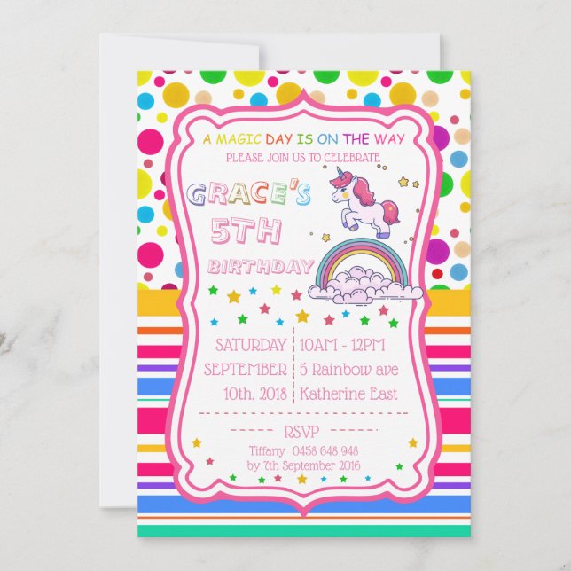 Convites Unicorn Rainbow Magical Birthday Personalize RSVP (Frente)