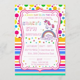 Convites Unicorn Rainbow Magical Birthday Personalize RSVP