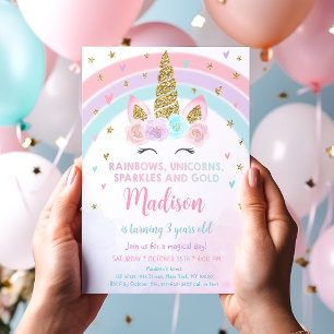 Convites Unicorn Rainbow Sparkles Dourado Aniversário