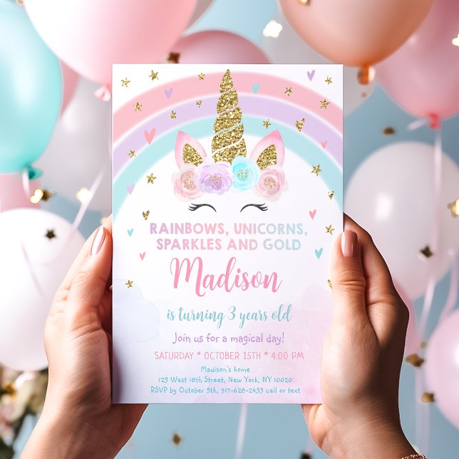 Convites Unicorn Rainbow Sparkles Dourado Aniversário (Criador carregado)