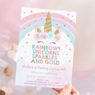 Convites Unicorn Rainbow Sparkles Dourado Aniversário