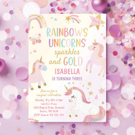 Convites Unicorn Rainbow Sparkles Dourado Aniversário