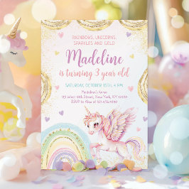 Convites Unicorn Rainbow Sparkles Dourado Aniversário