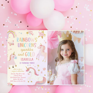 Convites Unicorn Rainbow Sparkles Foto de aniversário Doura