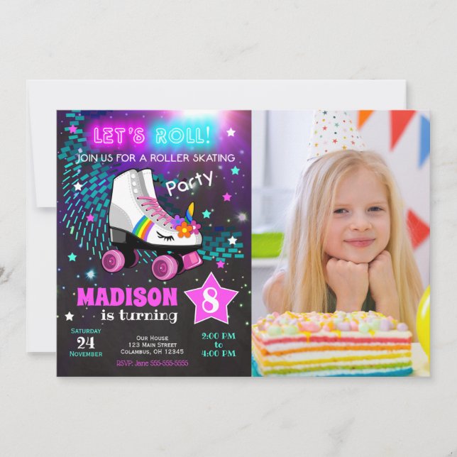 Convites Unicorn Roller Skating Birthday Party Invitation (Frente)
