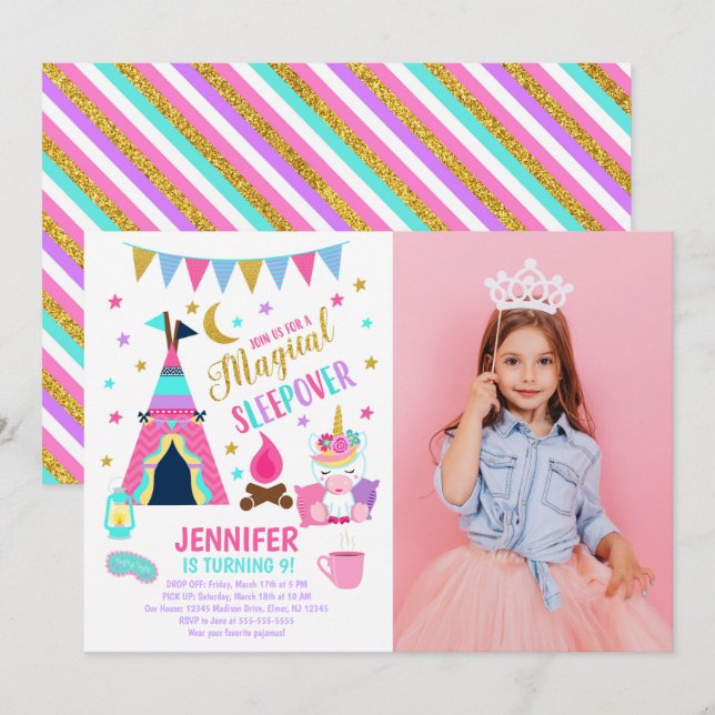 Convites Unicorn Sleepover Party Birthday Invitation (Frente/Verso)