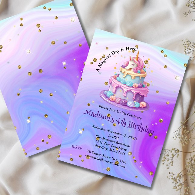 Convites Unicorn Sparkle Blue Purple Cake 4º Aniversário (Magical Unicorn with Cake 4th Birthday Invitation for Little Girl. Any Age- Age can be edited. )