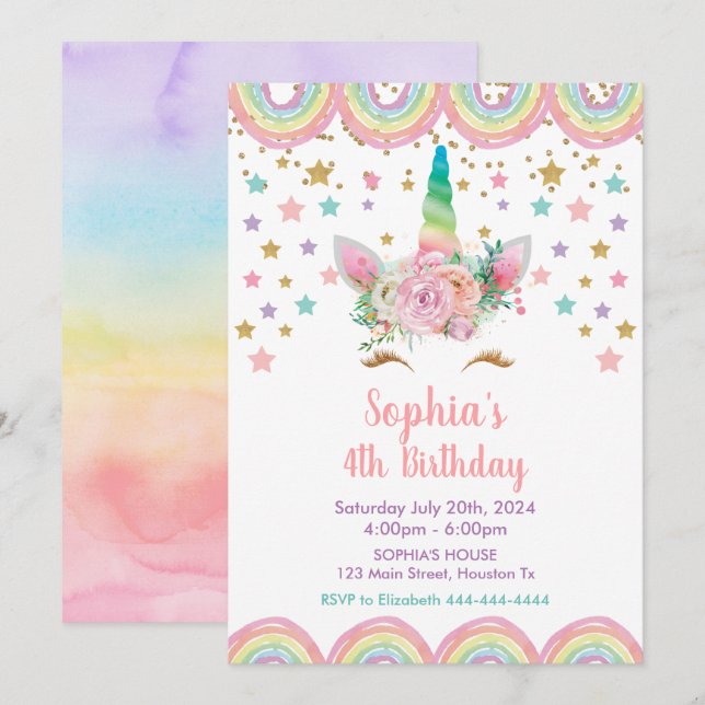 Convites Unicorn stars rainbow Birthday Invitation (Frente/Verso)