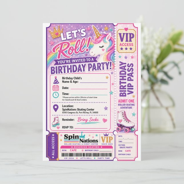 Convites Unicorn Themed Birthday Invitation Spinnations (Em pé/Frente)